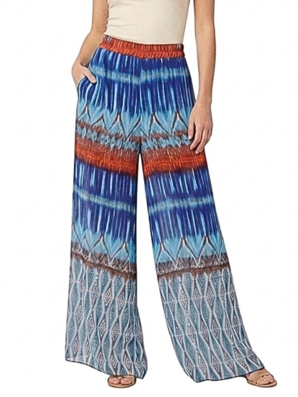 Bisou Bisou Blue Ikat Stripe Wide Leg Semi Sheer Boho Palazzo Pants Size Medium